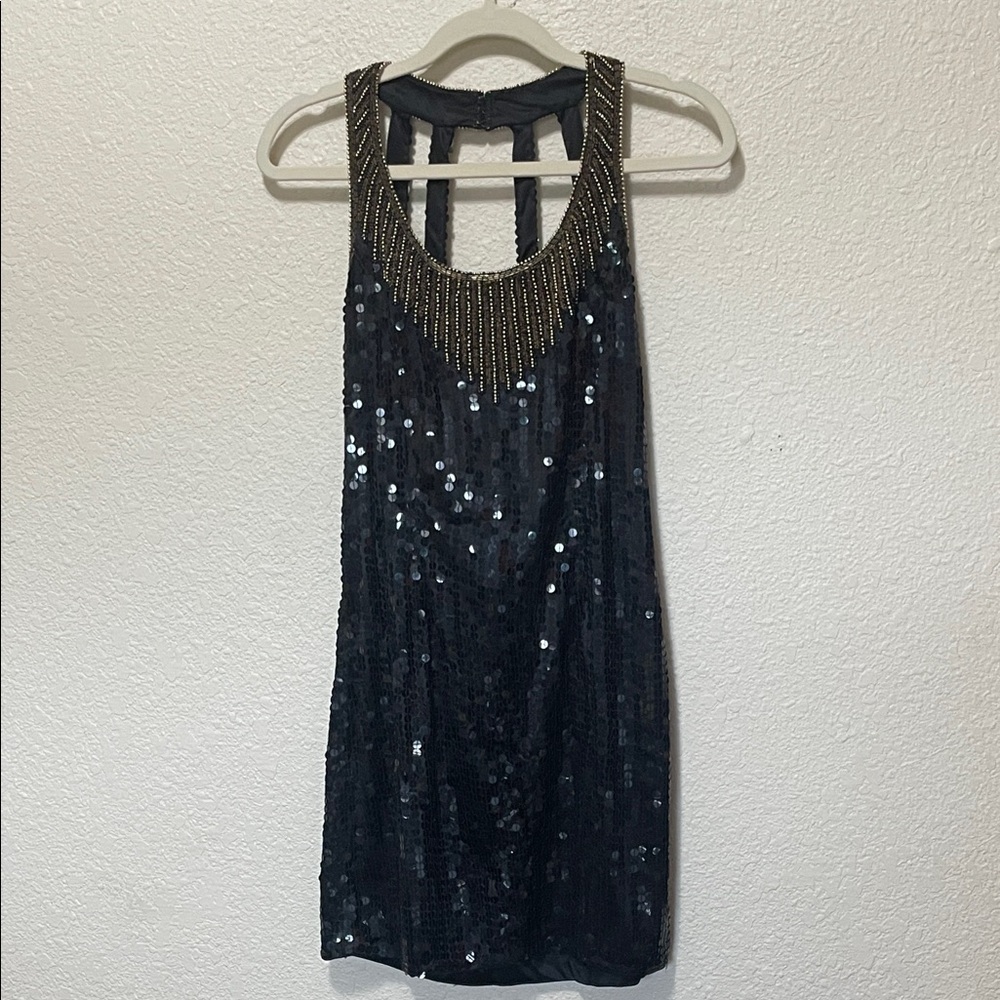 Laurence Kazar Women’s Black Sequined Dress With Brown Black & Gold Beading.
